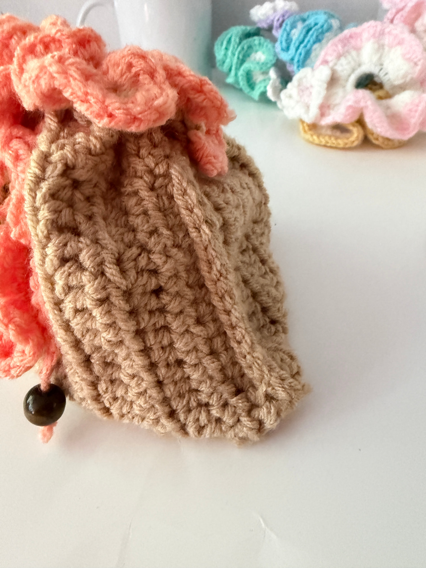 Taupe Drawstring Pouch · Coral Flower