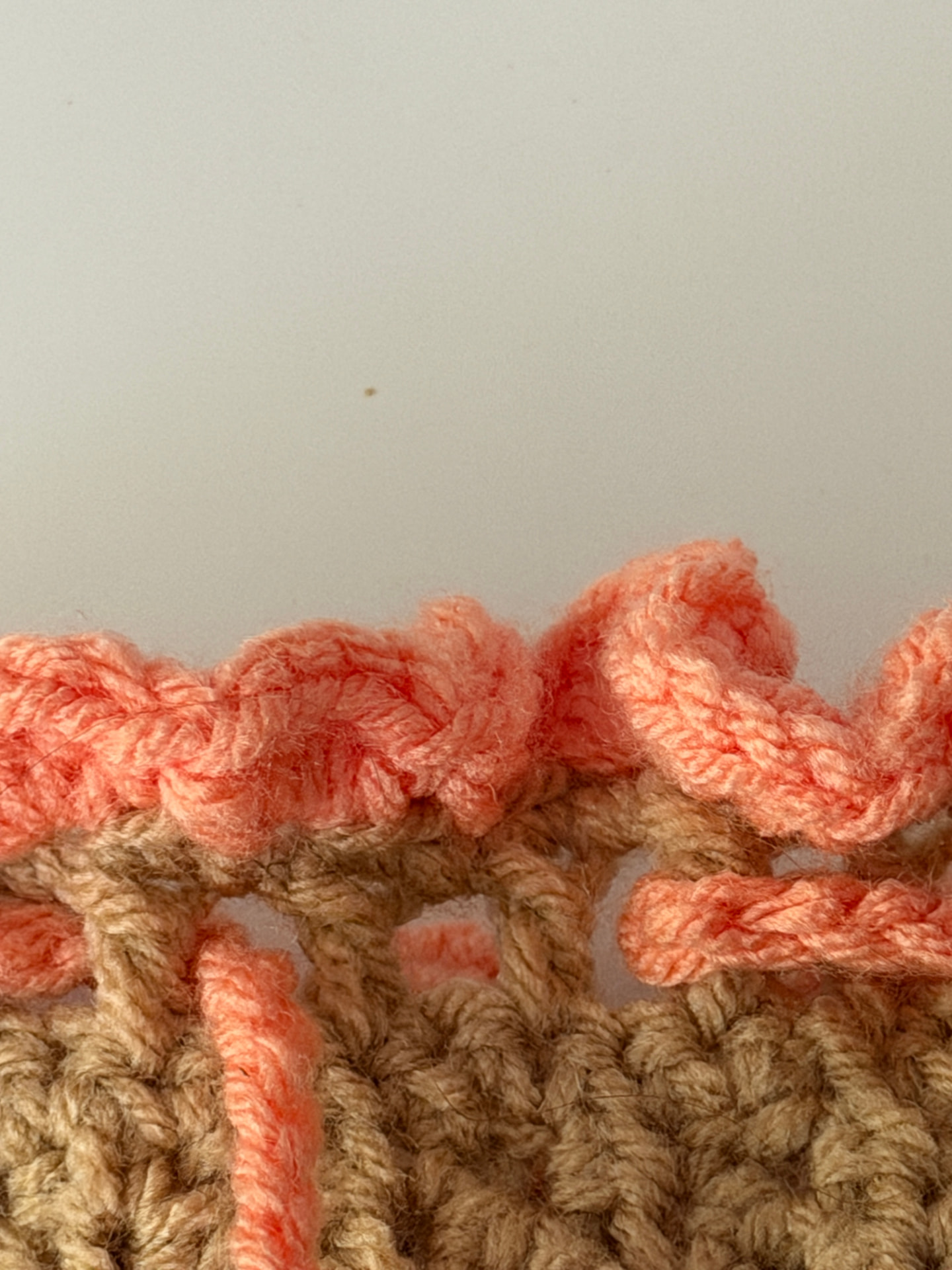 Close-up of the pouch opening showing the coral ruffle edge above the taupe body